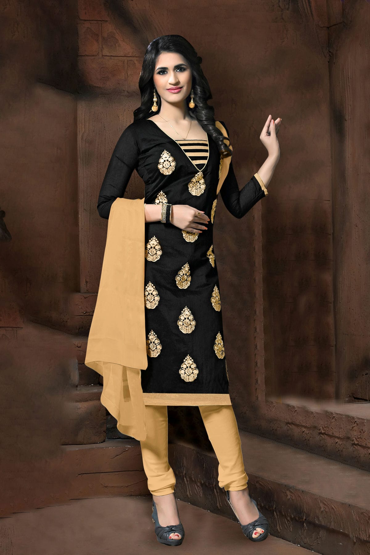 Black Colour Unstitched Modal Cotton Churidar Suit