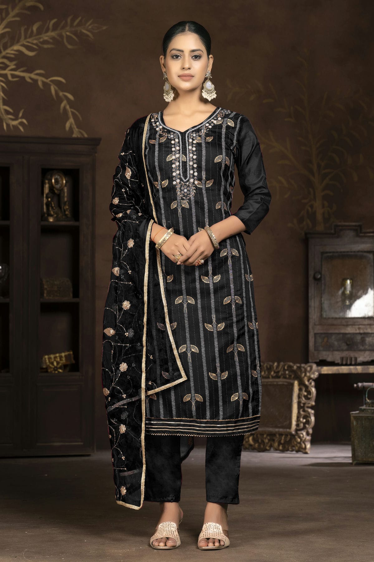 Black Colour Unstitched Modal Cotton Jacquard Pant Style Suit