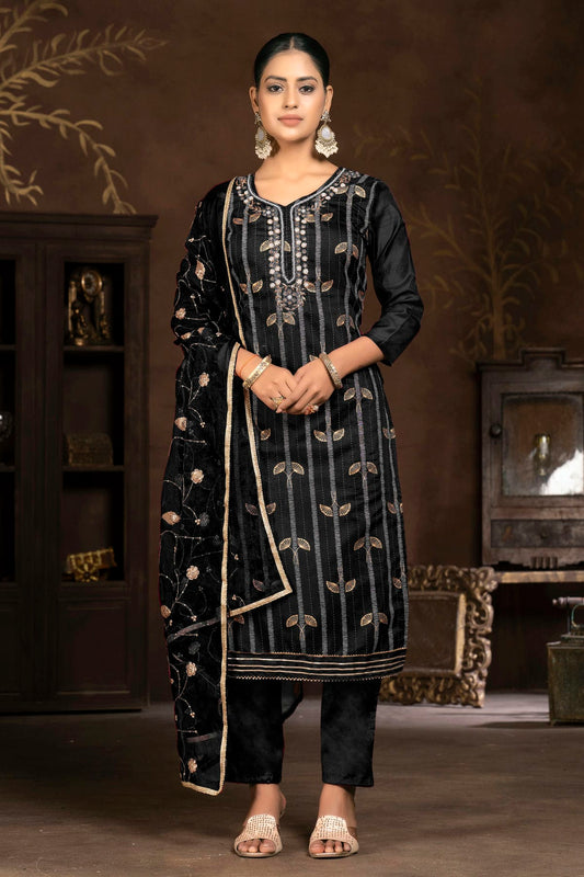 Black Colour Unstitched Modal Cotton Jacquard Pant Style Suit