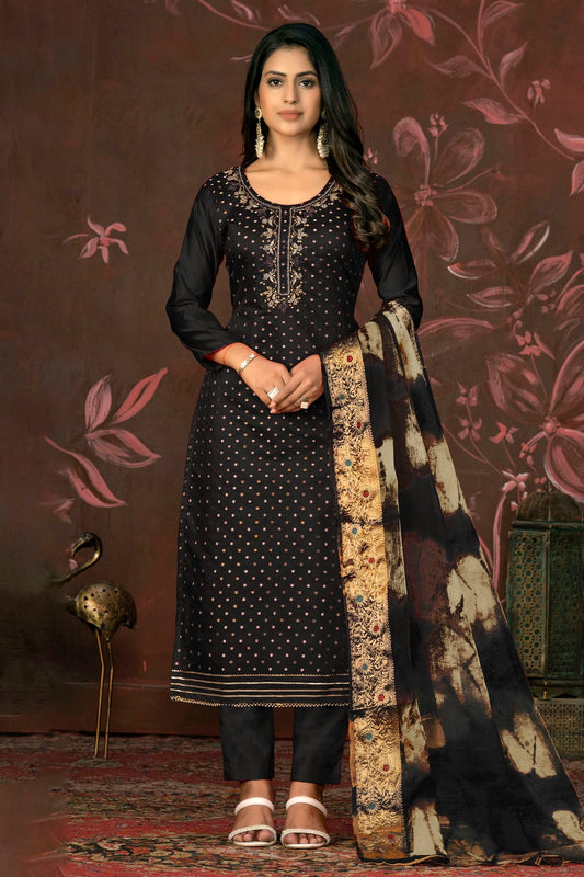 Black Colour Unstitched Modal Cotton Jacquard Pant Style Suit