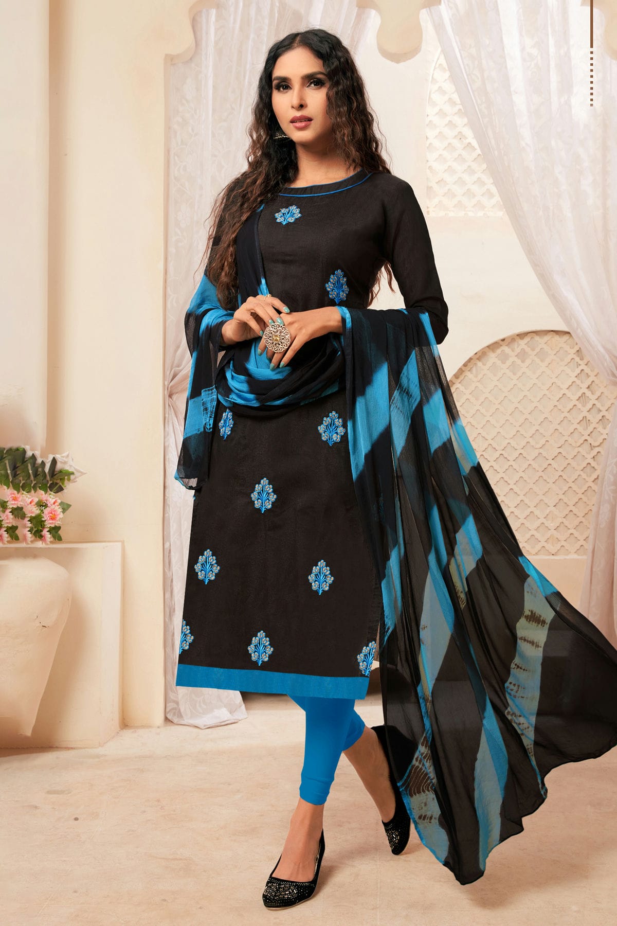 Black Colour Unstitched Modal Silk Straight Suit