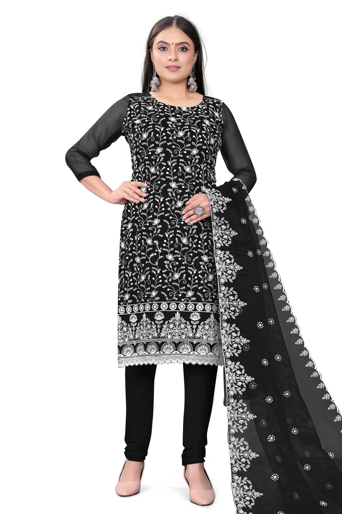 Black Colour Unstitched Organza Churidar Suit