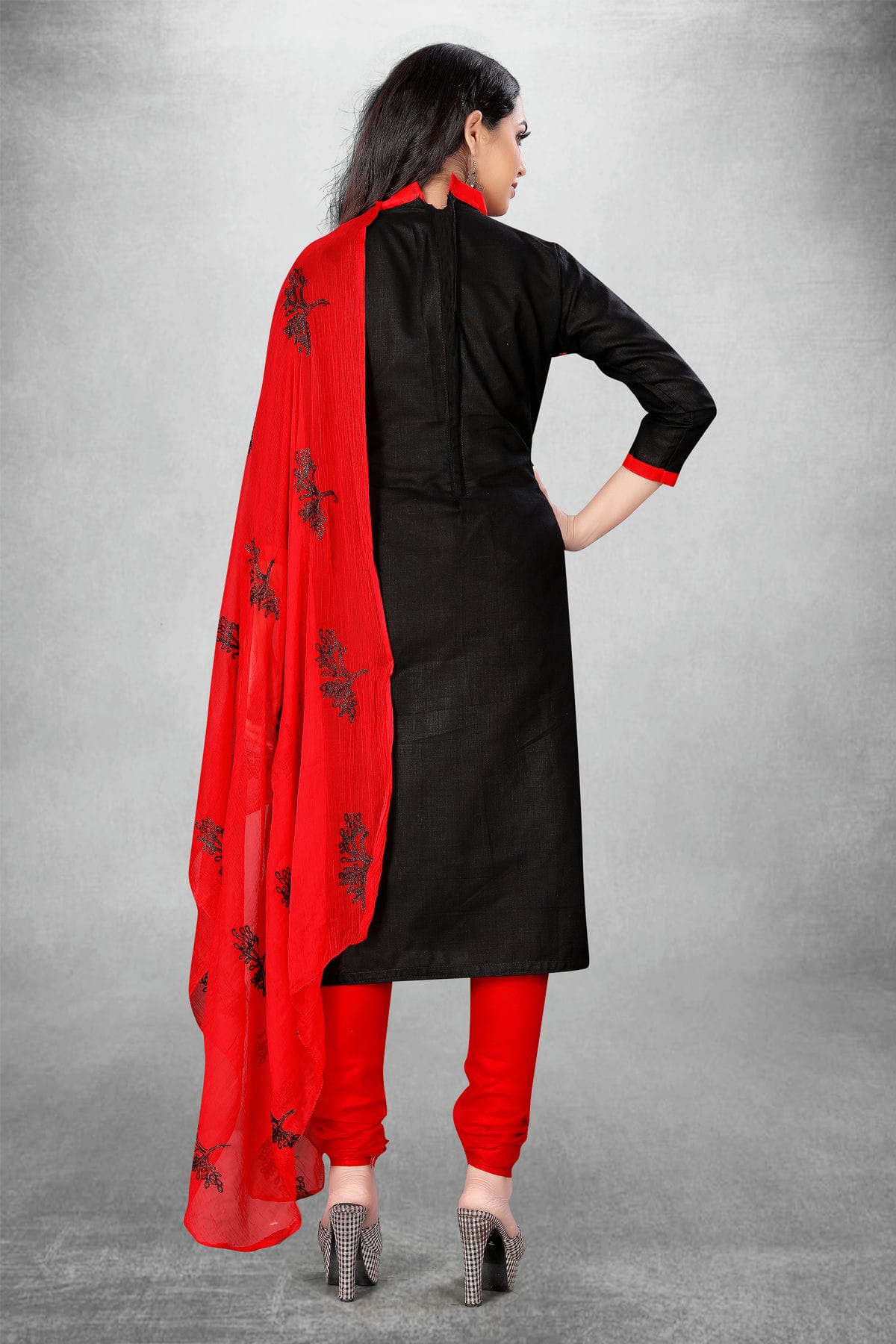 Black Colour Unstitched Slub Cotton Churidar Suit