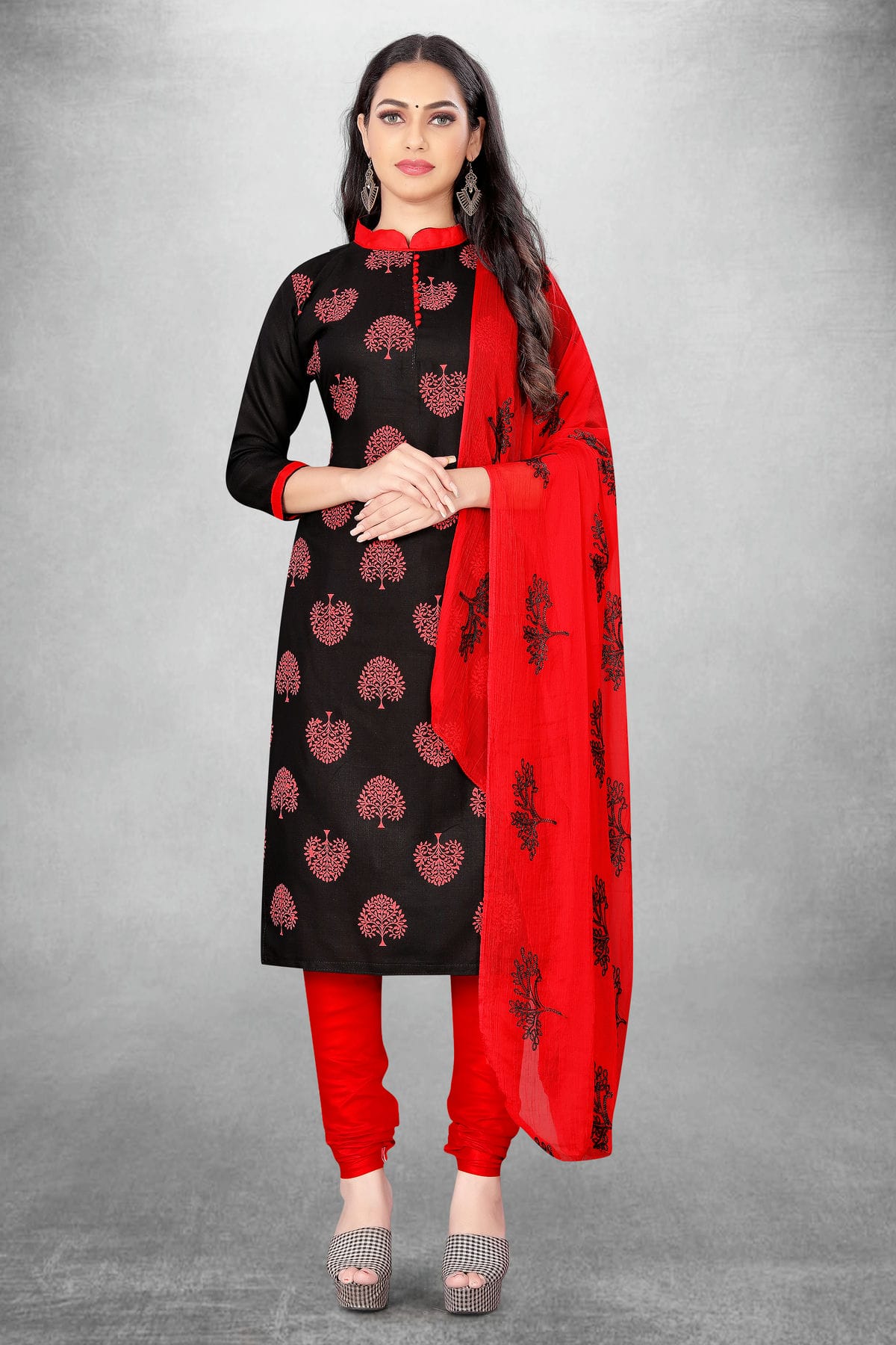 Black Colour Unstitched Slub Cotton Churidar Suit