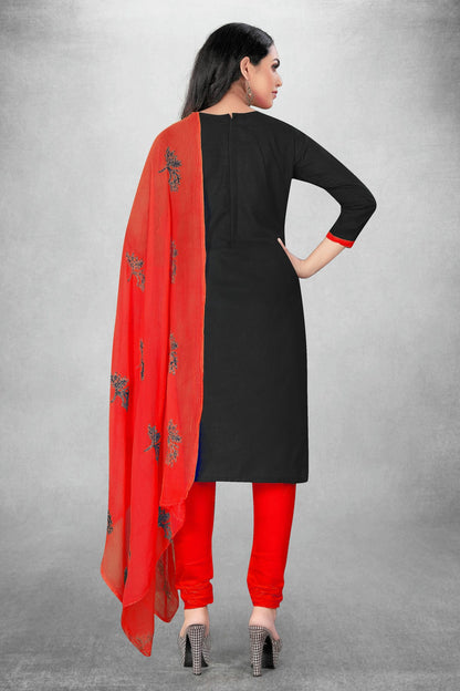 Black Colour Unstitched Slub Cotton Churidar Suit