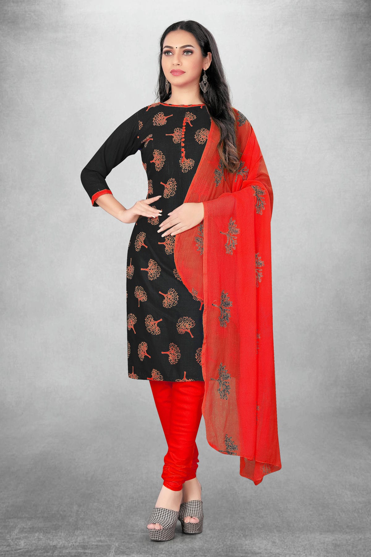 Black Colour Unstitched Slub Cotton Churidar Suit