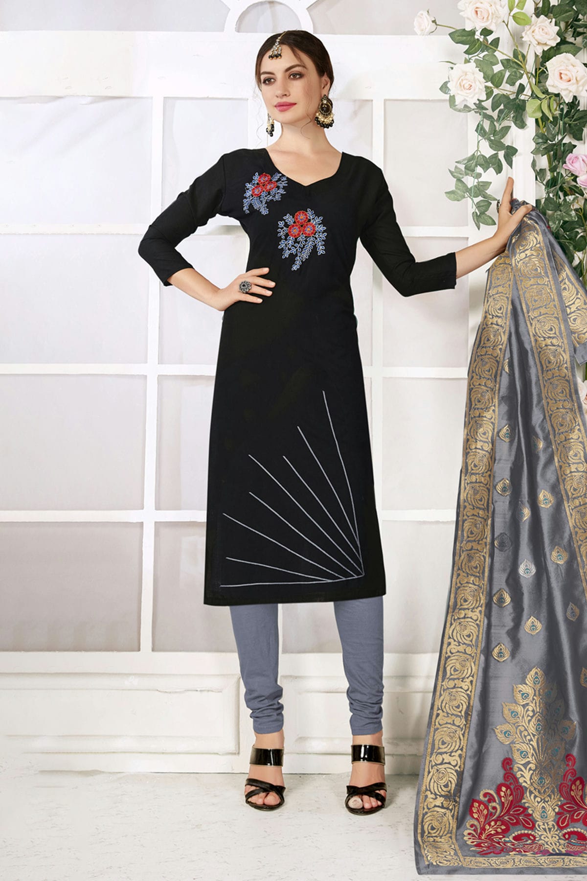 Black Colour Unstitched Slub Cotton Churidar Suit