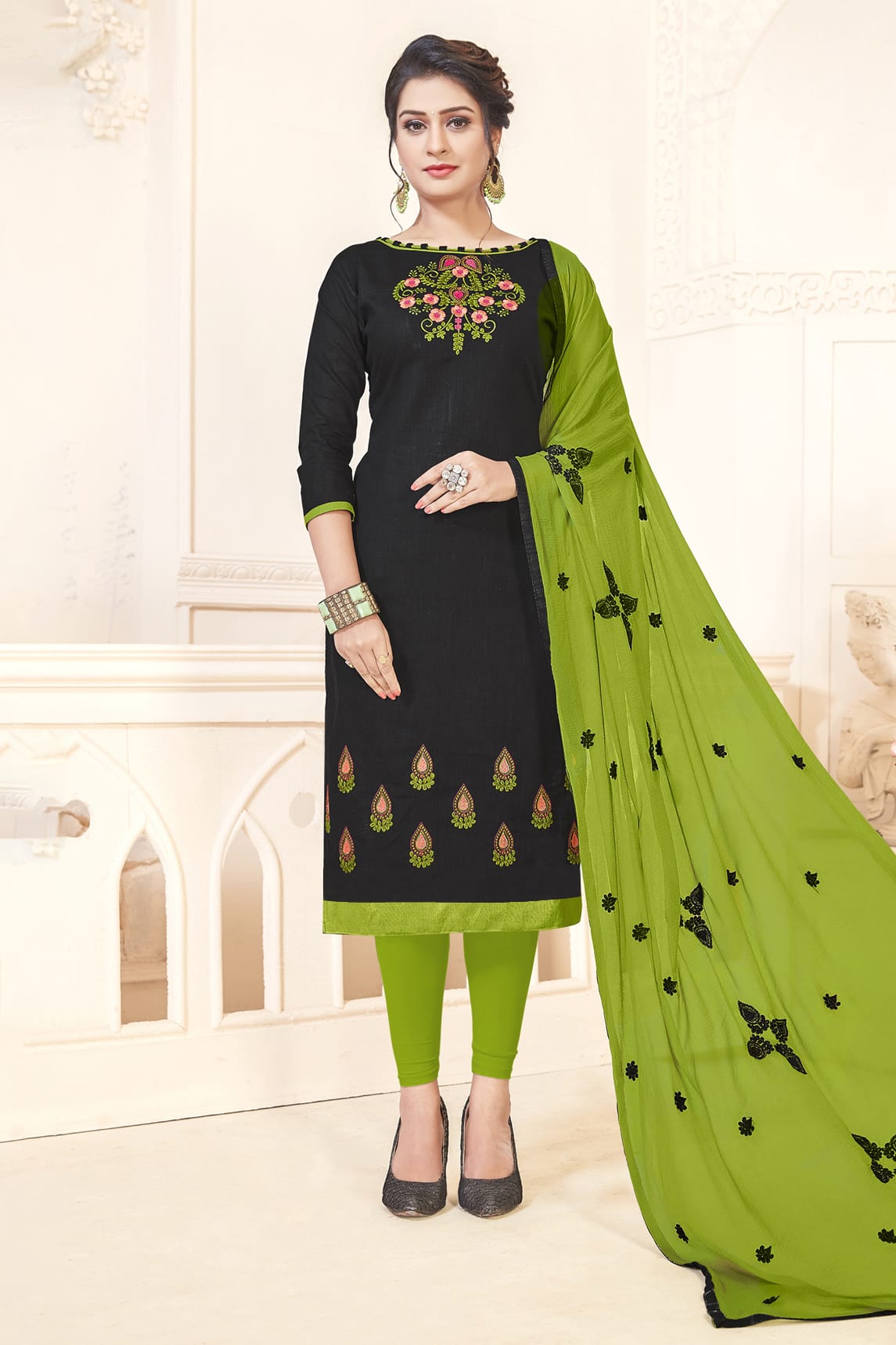 Black Colour Unstitched South Cotton Slub Straight Suit