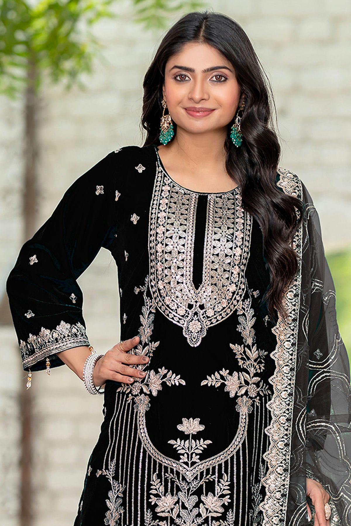 Black Colour Velvet Semi Stitched Pakistani Suit