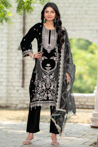 Black Colour Velvet Semi Stitched Pakistani Suit