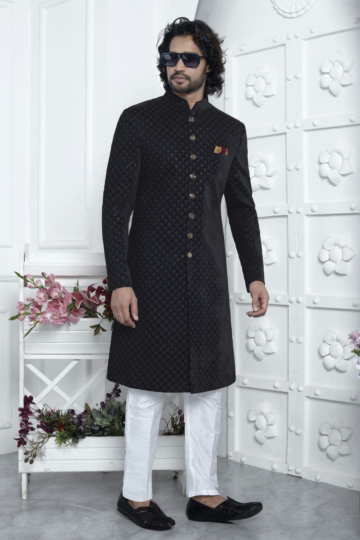 Black Colour Velvet Silk Indowestern Sherwani With Aligadhi Pant VSSH1230028