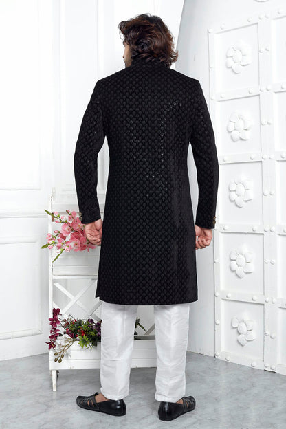 Black Colour Velvet Silk Indowestern Sherwani With Aligadhi Pant VSSH1230028