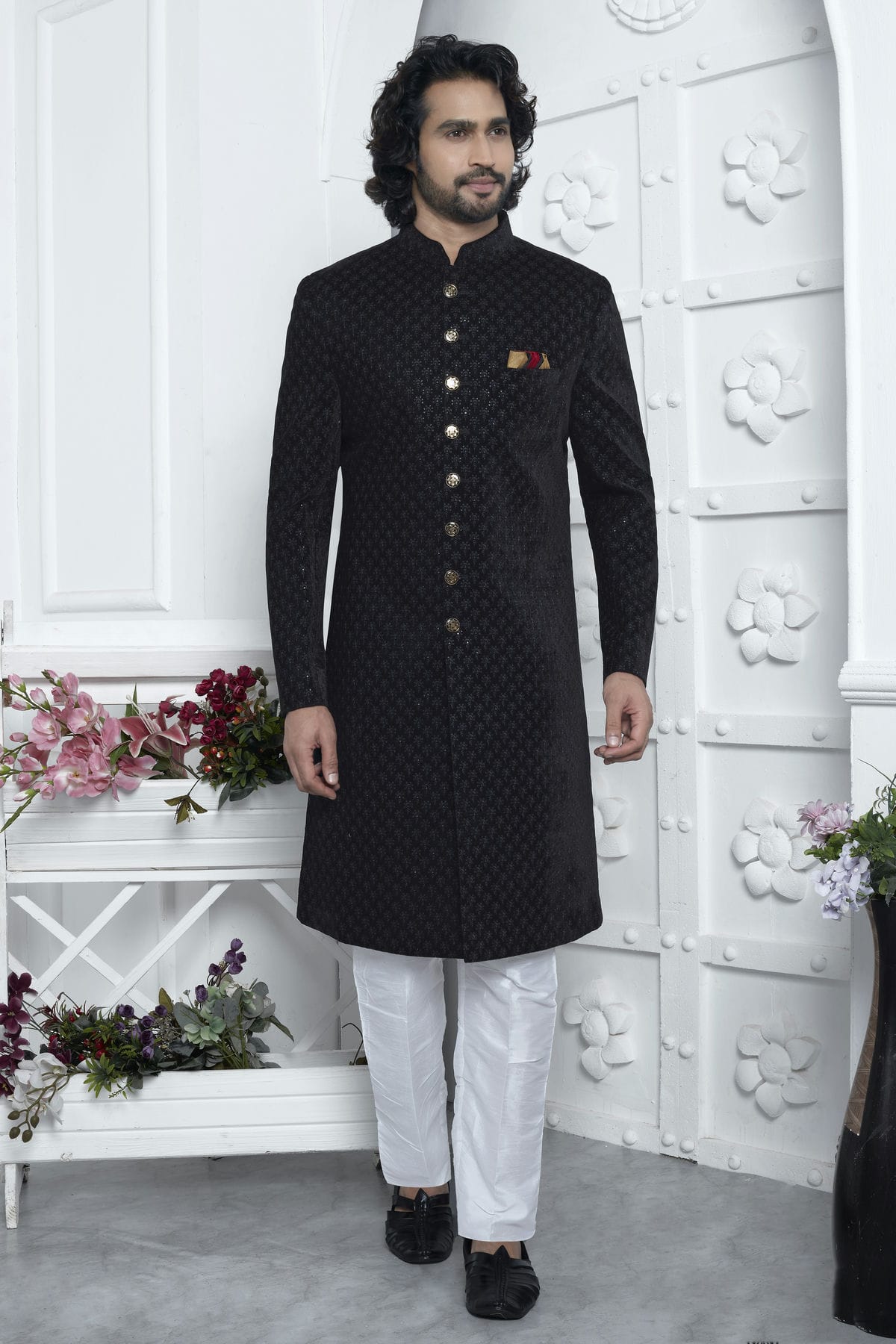 Black Colour Velvet Silk Indowestern Sherwani With Aligadhi Pant