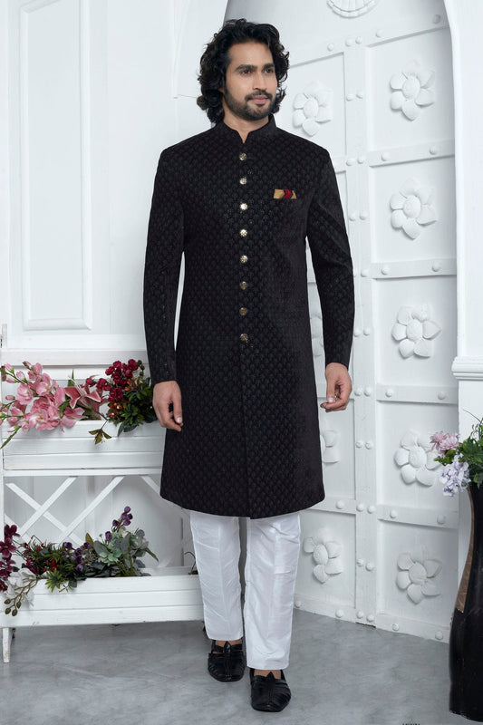 Black Colour Velvet Silk Indowestern Sherwani With Aligadhi Pant