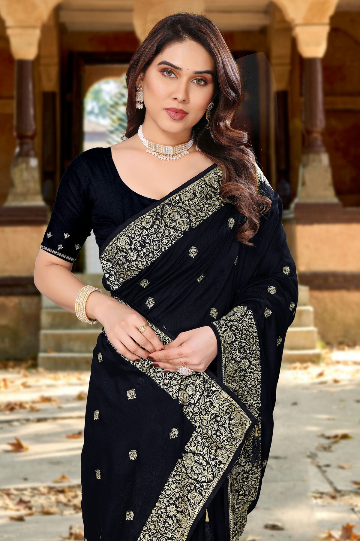 Black Colour Vichitra Bloming Designer Saree