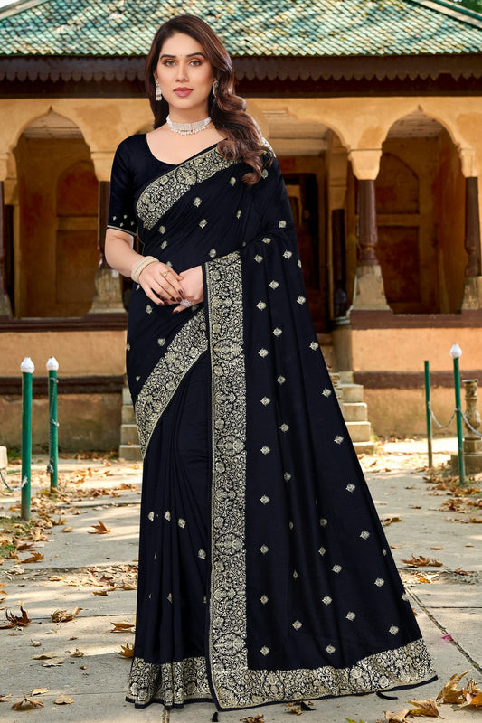 Black Colour Vichitra Bloming Designer Saree