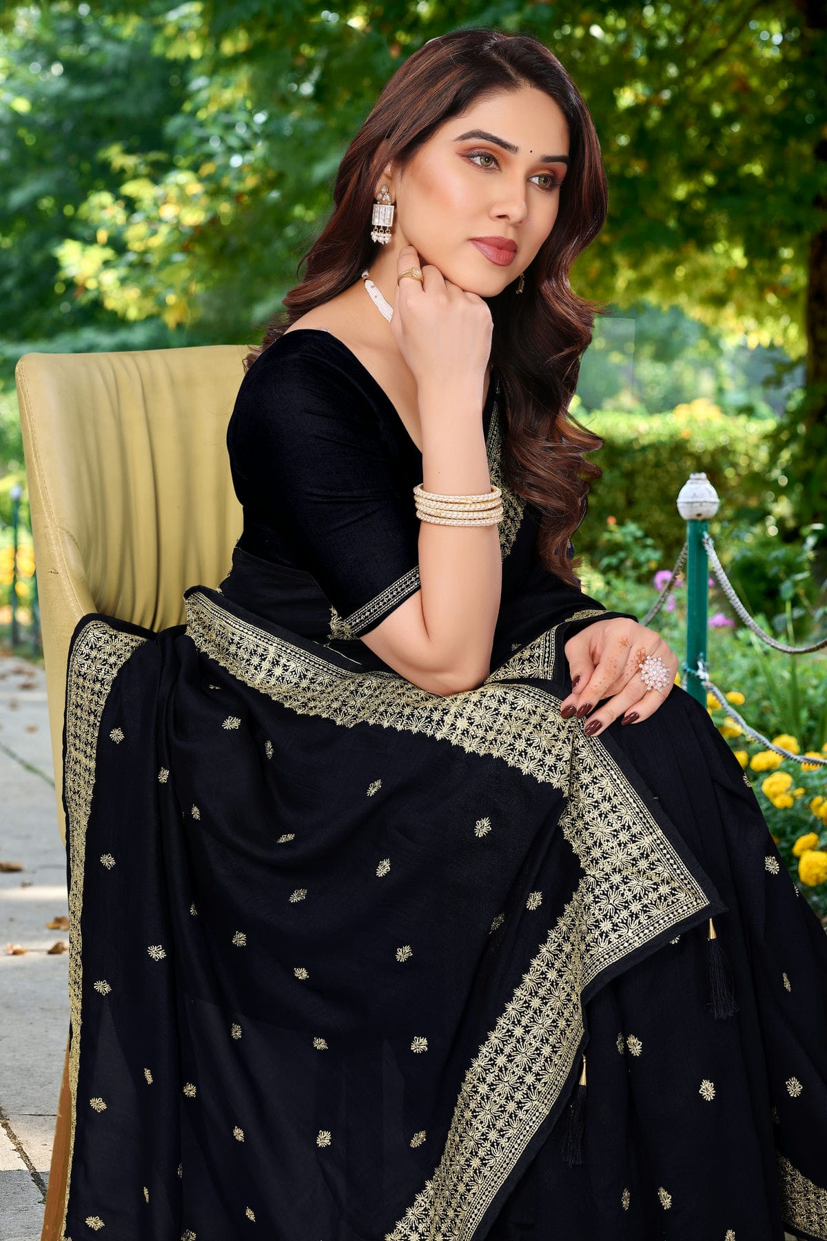 Black Colour Vichitra Bloming Designer Saree