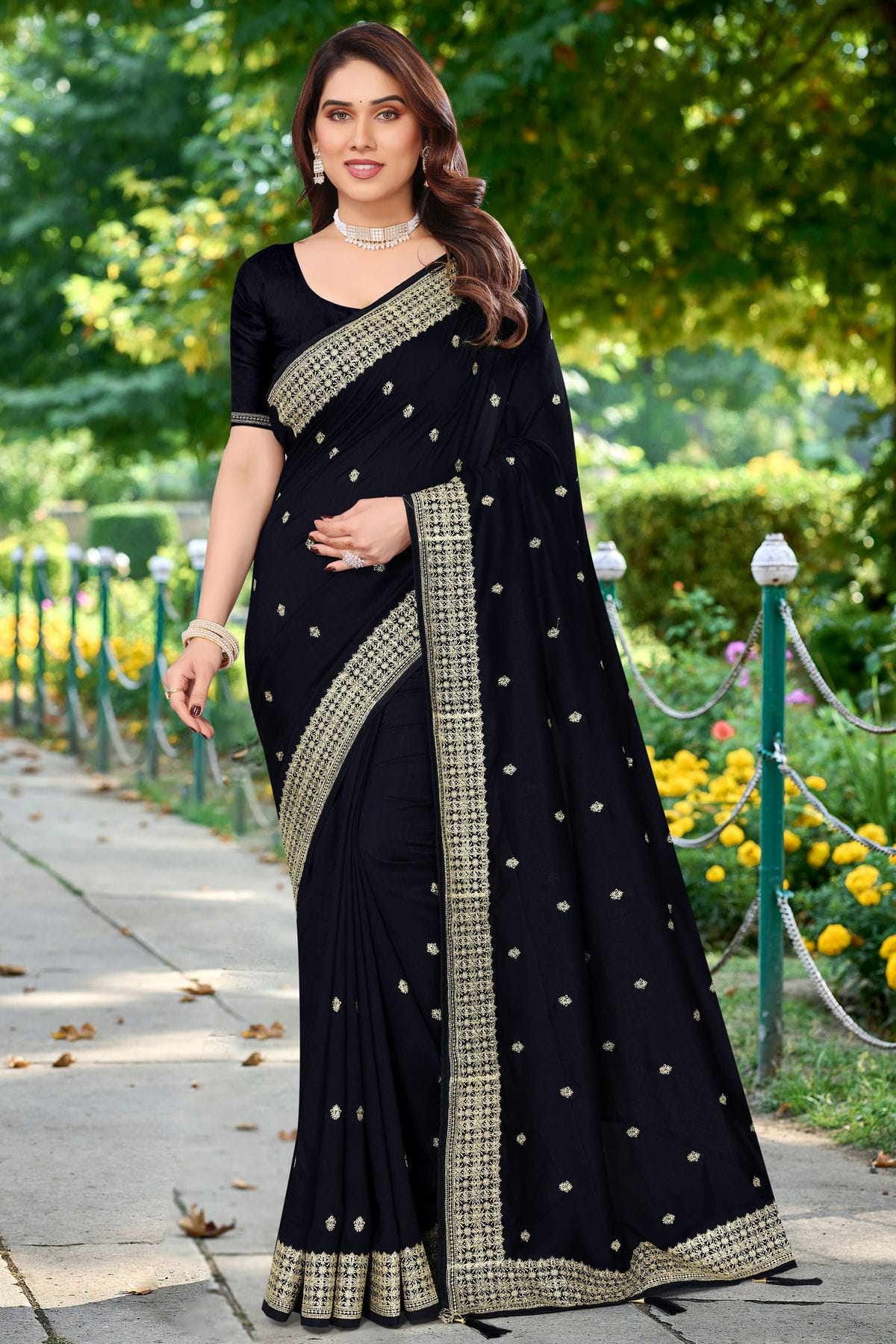 Black Colour Vichitra Bloming Designer Saree