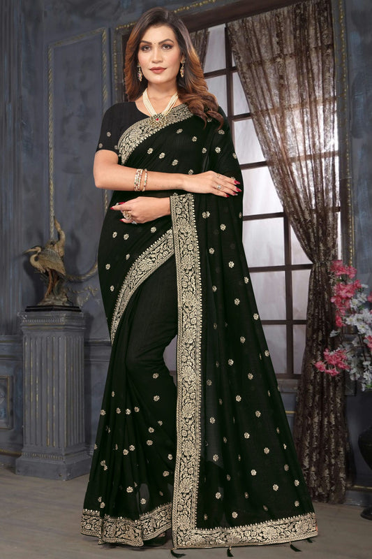 Black Colour Vichitra Bloming Designer Saree