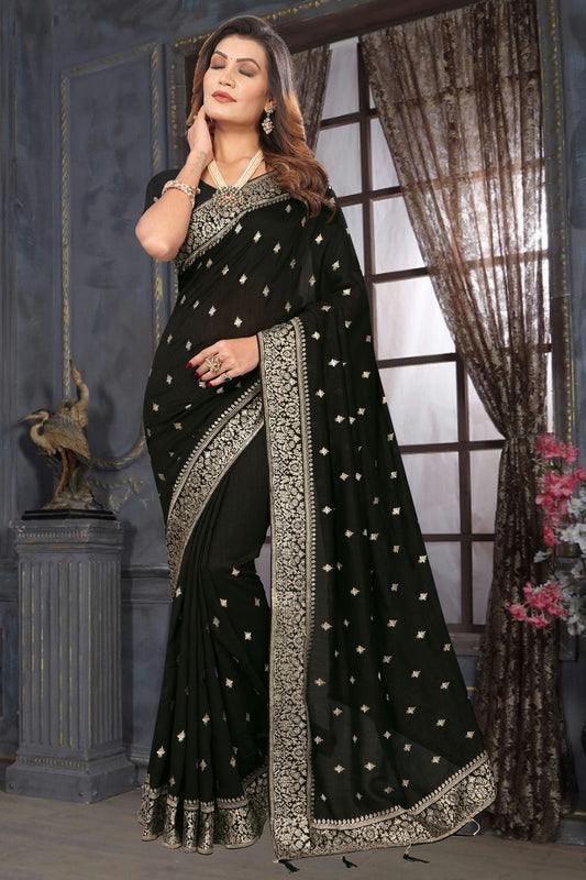 Black Colour Vichitra Bloming Designer Saree