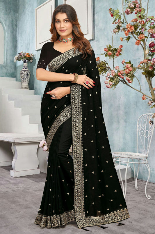 Black Colour Vichitra Bloming Designer Saree