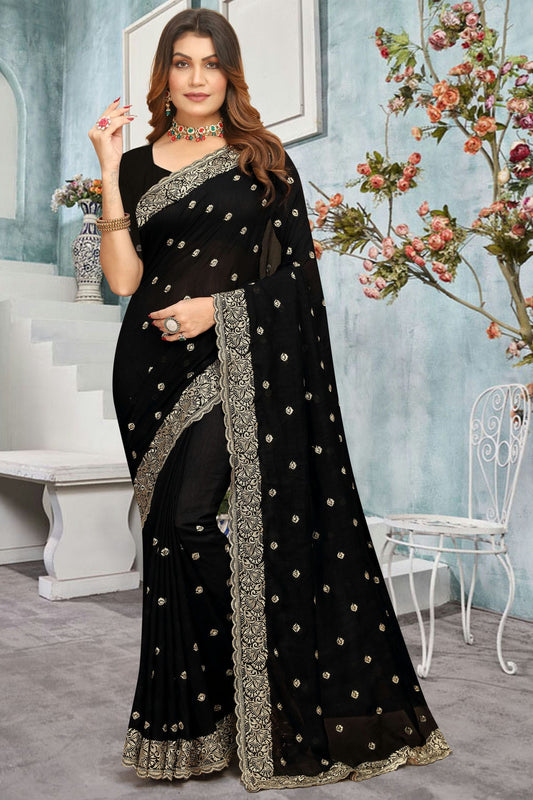 Black Colour Vichitra Bloming Designer Saree