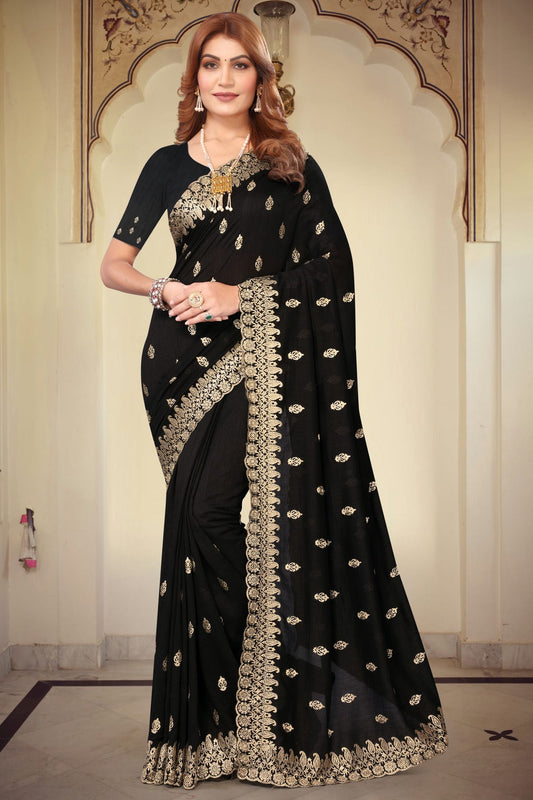 Black Colour Vichitra Bloming Designer Saree