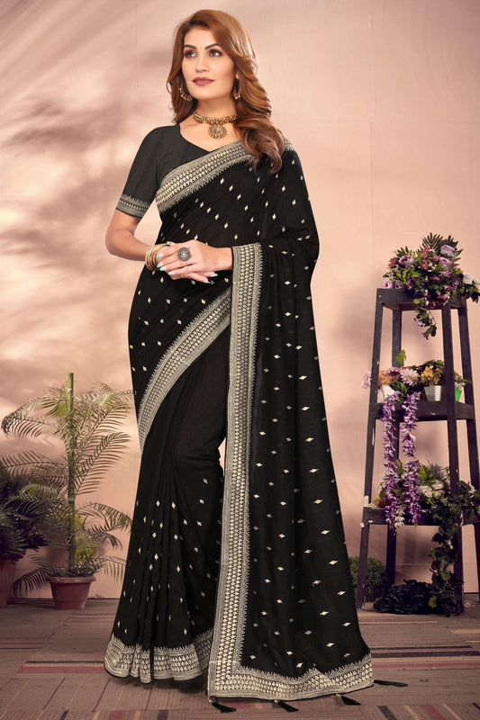 Black Colour Vichitra Bloming Designer Saree