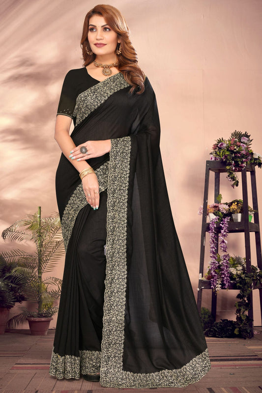 Black Colour Vichitra Bloming Designer Saree