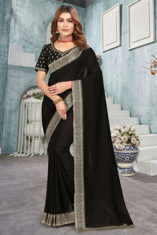 Black Colour Vichitra Bloming Designer Saree