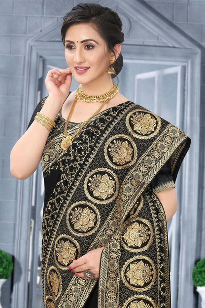 Black Colour Vichitra Bloming Silk Designer Saree