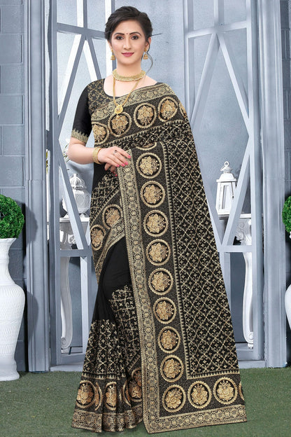 Black Colour Vichitra Bloming Silk Designer Saree