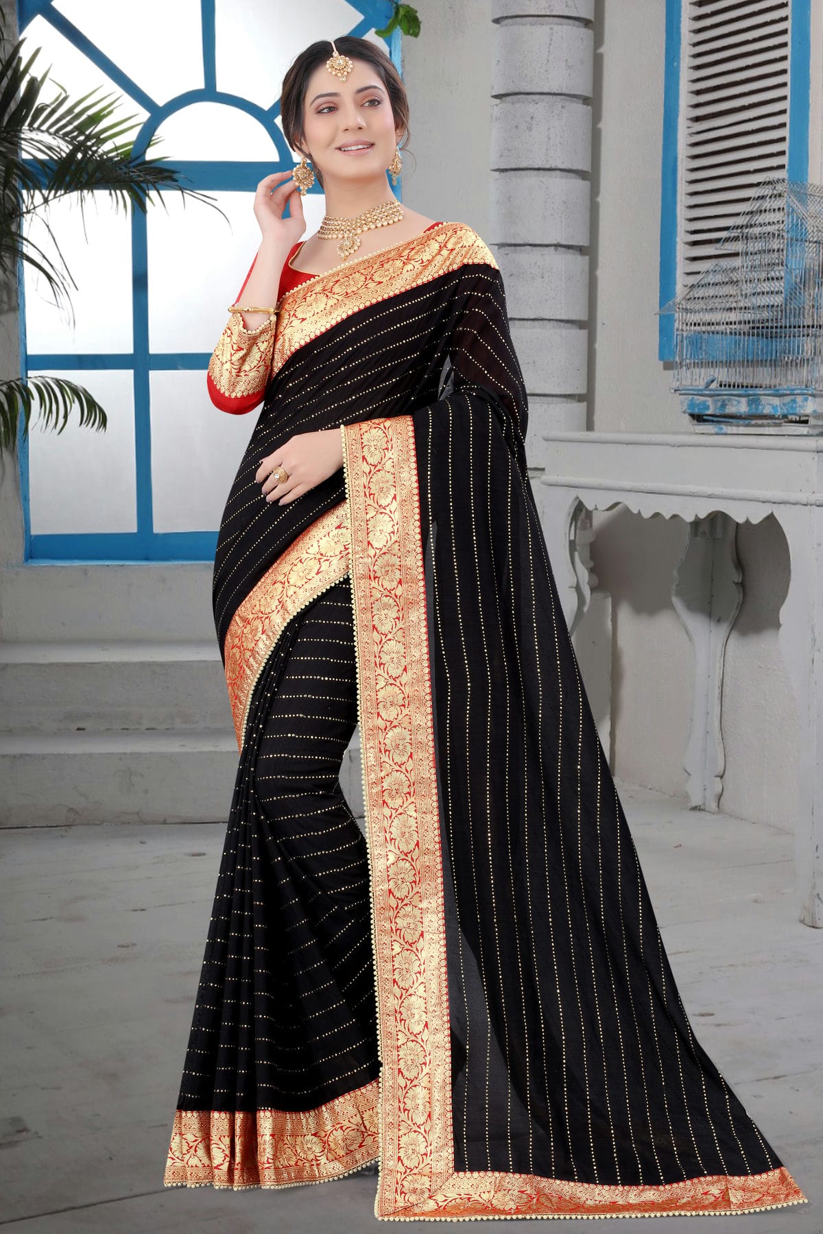 Black Colour Vichitra Silk Designer Saree