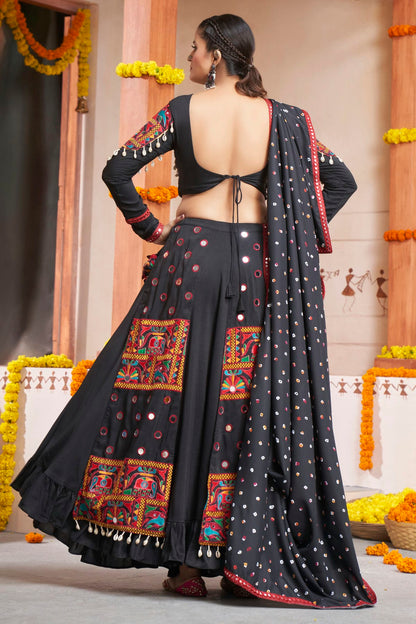 Black Colour Viscose Rayon Navratri Lehenga