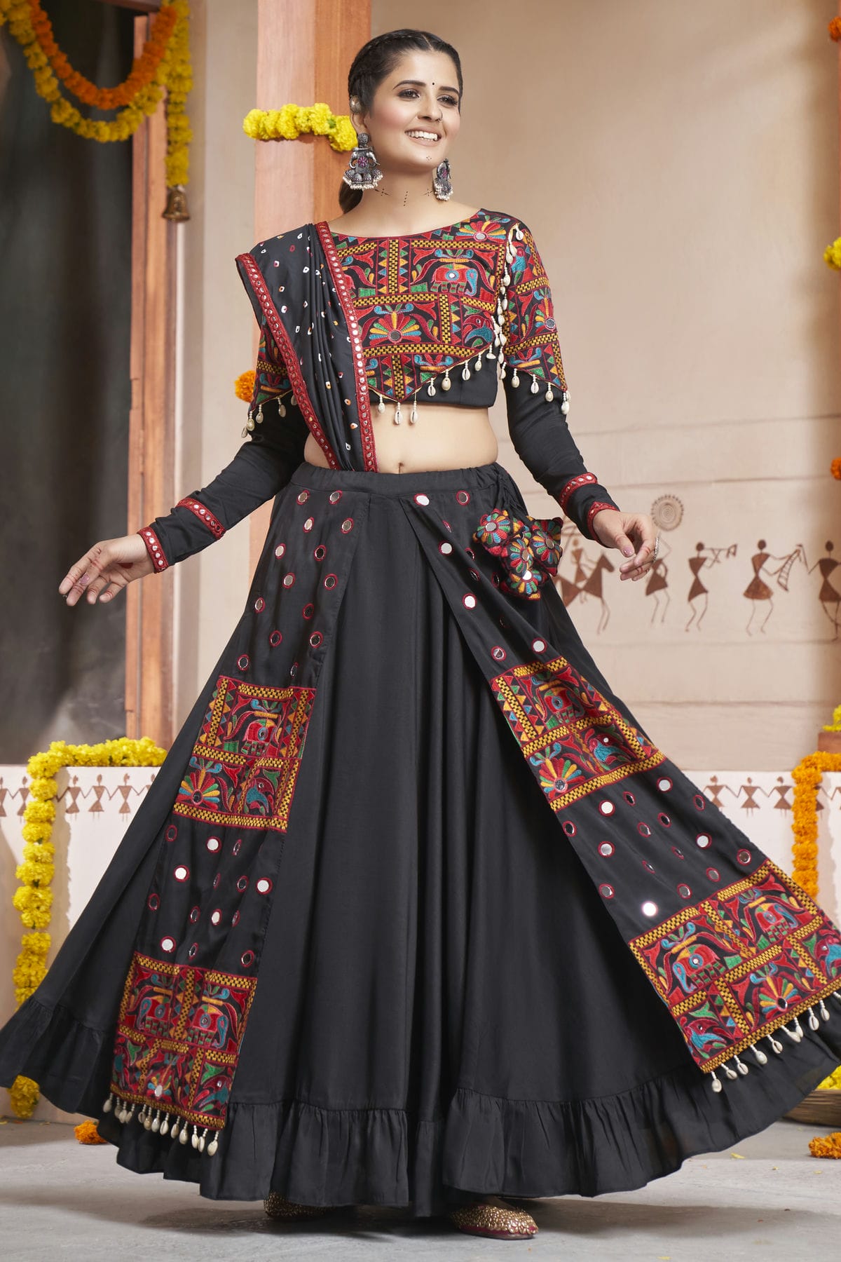 Black Colour Viscose Rayon Navratri Lehenga