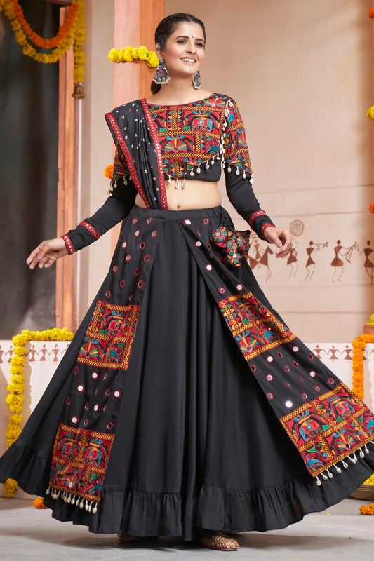 Black Colour Viscose Rayon Navratri Lehenga