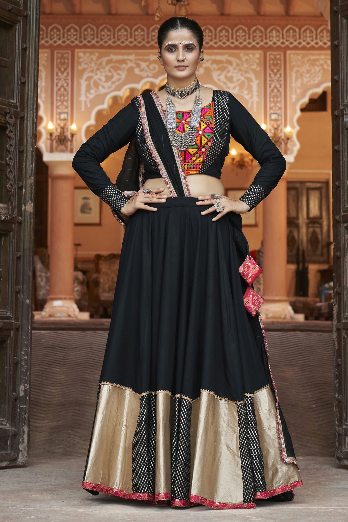 Black Colour Viscose Rayon Navratri Lehenga