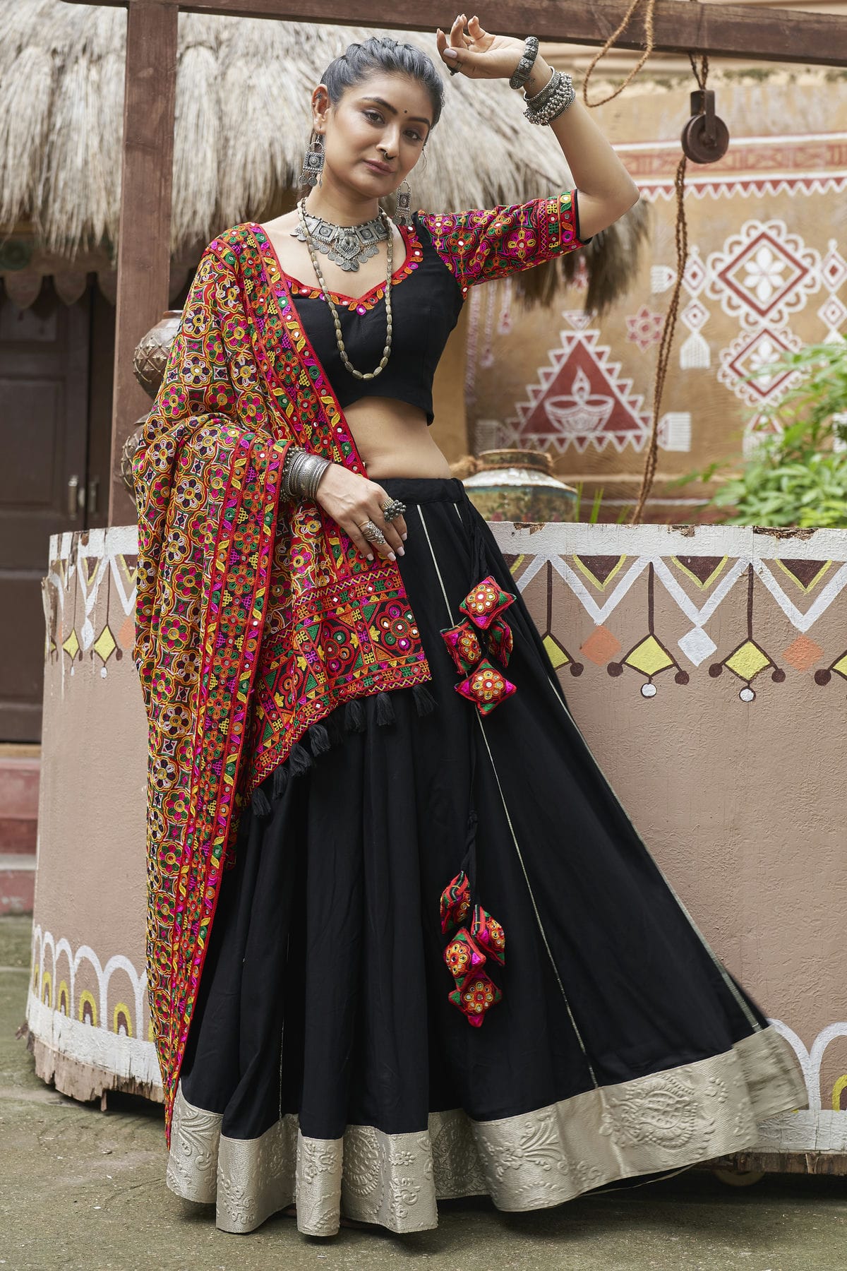 Black Colour Viscose Rayon Navratri Lehenga