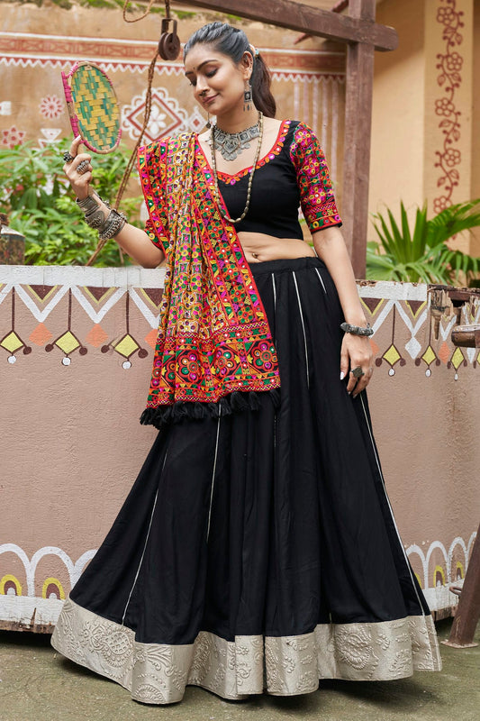 Black Colour Viscose Rayon Navratri Lehenga