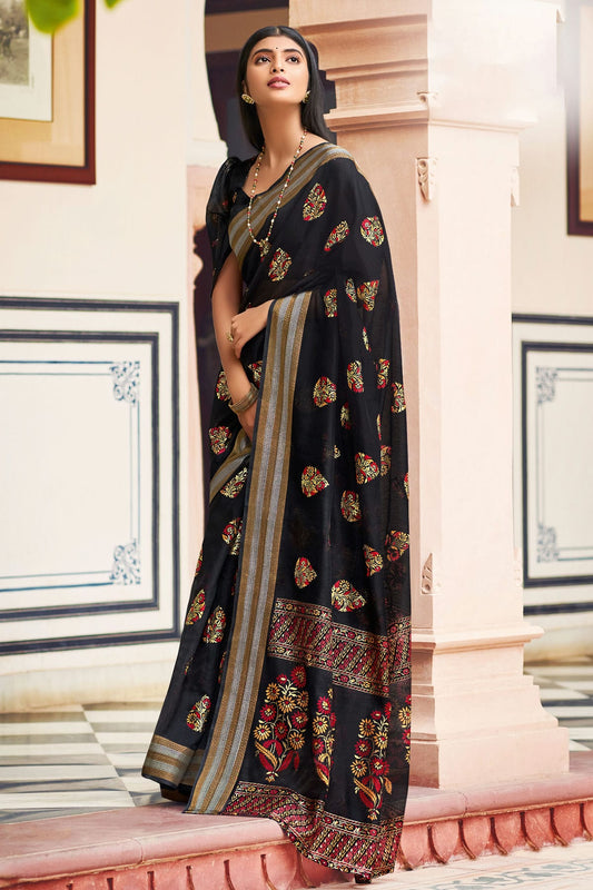 Black Colour Woven Work Chanderi Saree