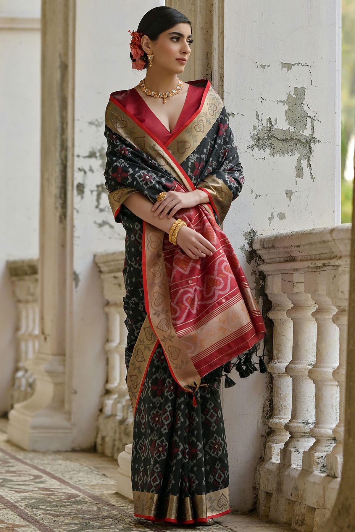 Black Colour Woven Work Raw Silk Saree VSSD1260033