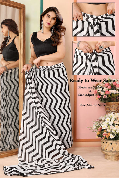 Black and White Colour Georgette Ready To Wear Saree