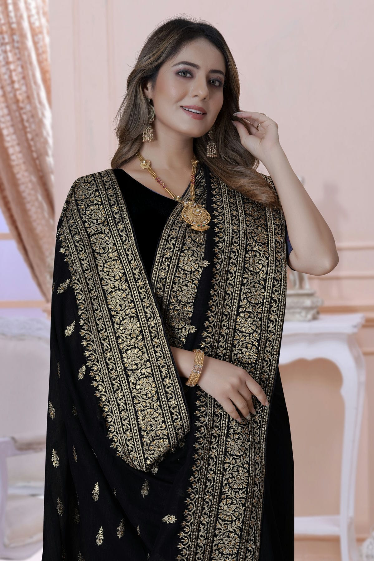 Black Colour Vichitra Silk Saree