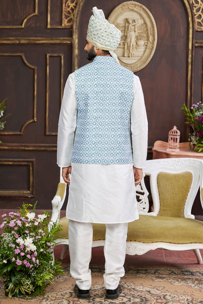 Blue Colour Art Silk Kurta Pajama With Jacket