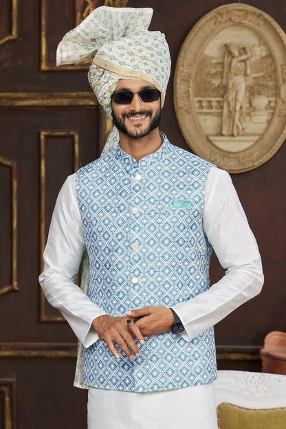 Blue Colour Art Silk Kurta Pajama With Jacket