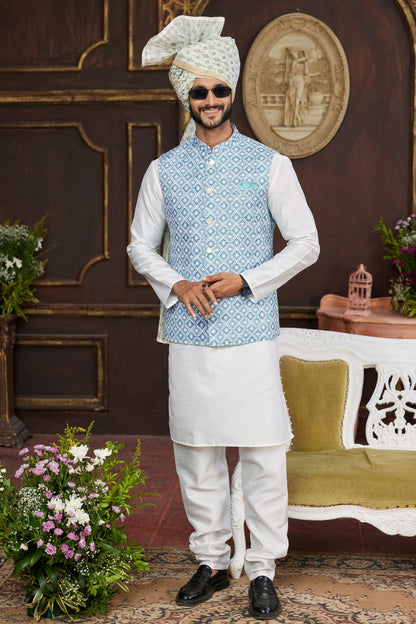 Blue Colour Art Silk Kurta Pajama With Jacket