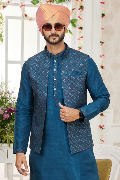 Blue Colour Art Silk Kurta Pajama With Jacket VSKP1230272