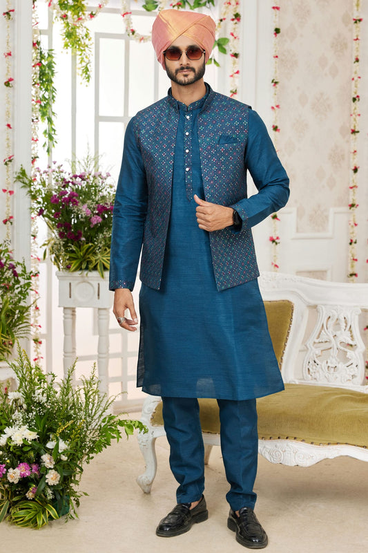 Blue Colour Art Silk Kurta Pajama With Jacket