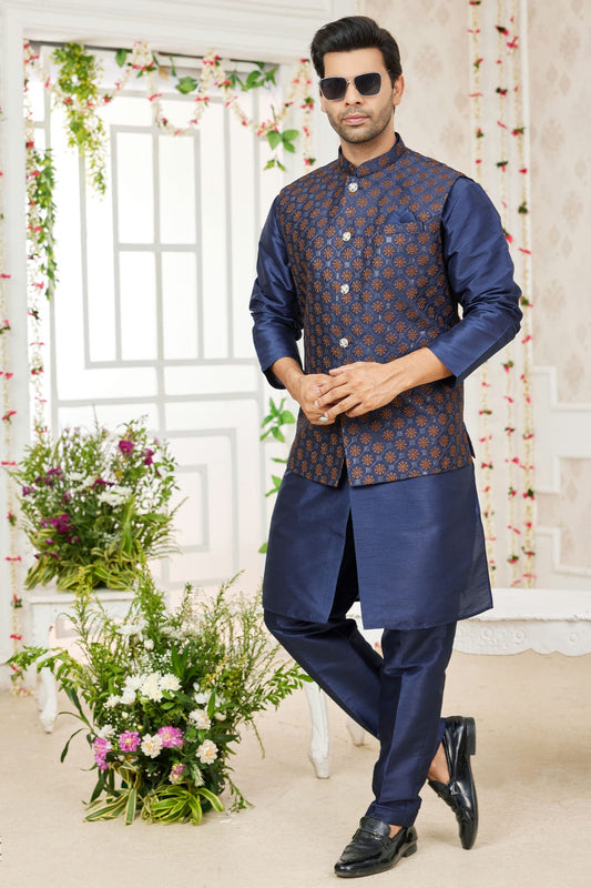 Blue Colour Art Silk Kurta Pajama With Jacket