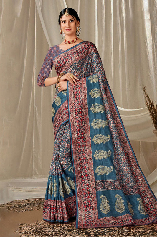 Blue Colour Art Silk Printed Saree